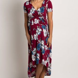 NWT Pinkblush Burgundy Floral Hi-Low Sash Tie Maternity Dress